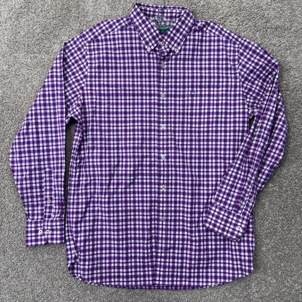 Southern Tide Shirt Mens L Club Gingham Purple Pima Cotton Stretch EUC